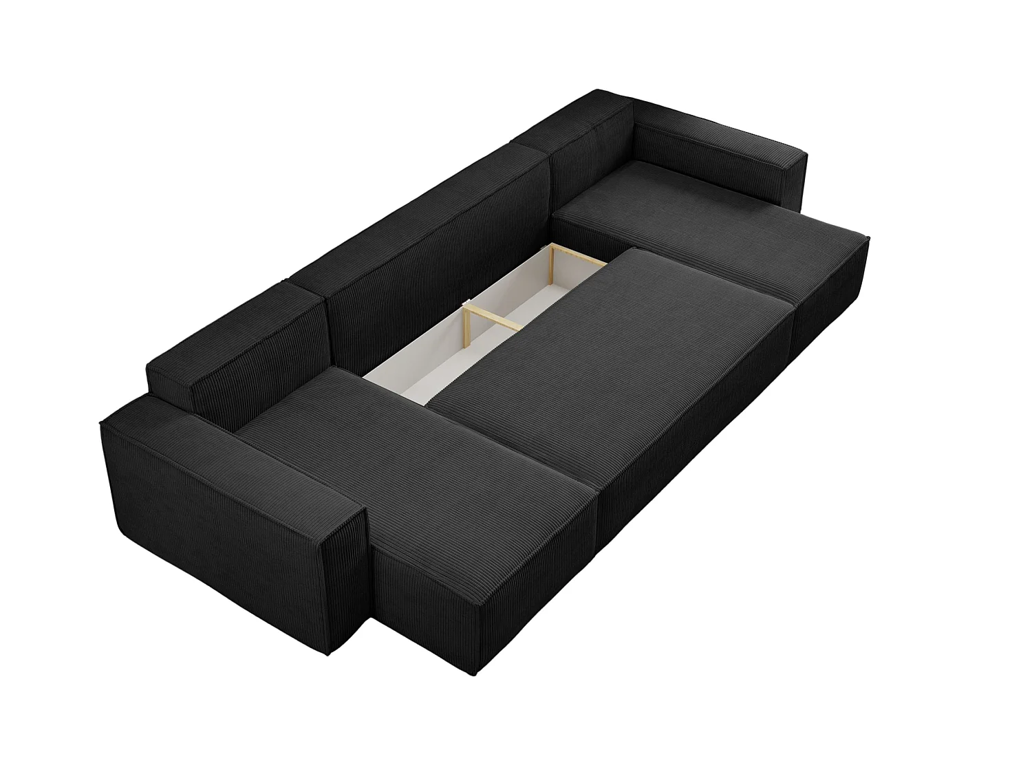 Ensemble de salon Hugo U, canapé en U avec fonction couchage et coffre de rangement, couleur : noir, tissu cordé