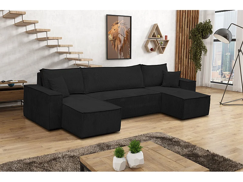 Ensemble de salon Hugo U, canapé en U avec fonction couchage et coffre de rangement, couleur : noir, tissu cordé