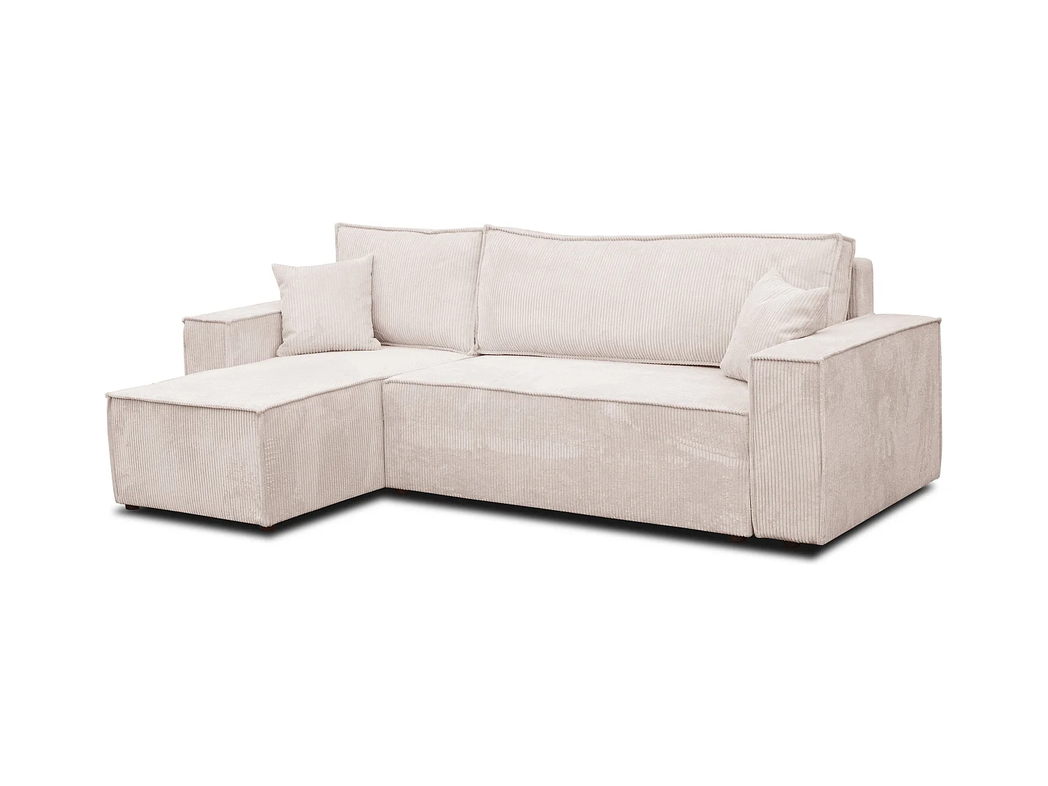 Canapé d'angle Hugo L avec fonction couchage et coffre de rangement, couleur : beige, tissu cordé, pouf universel