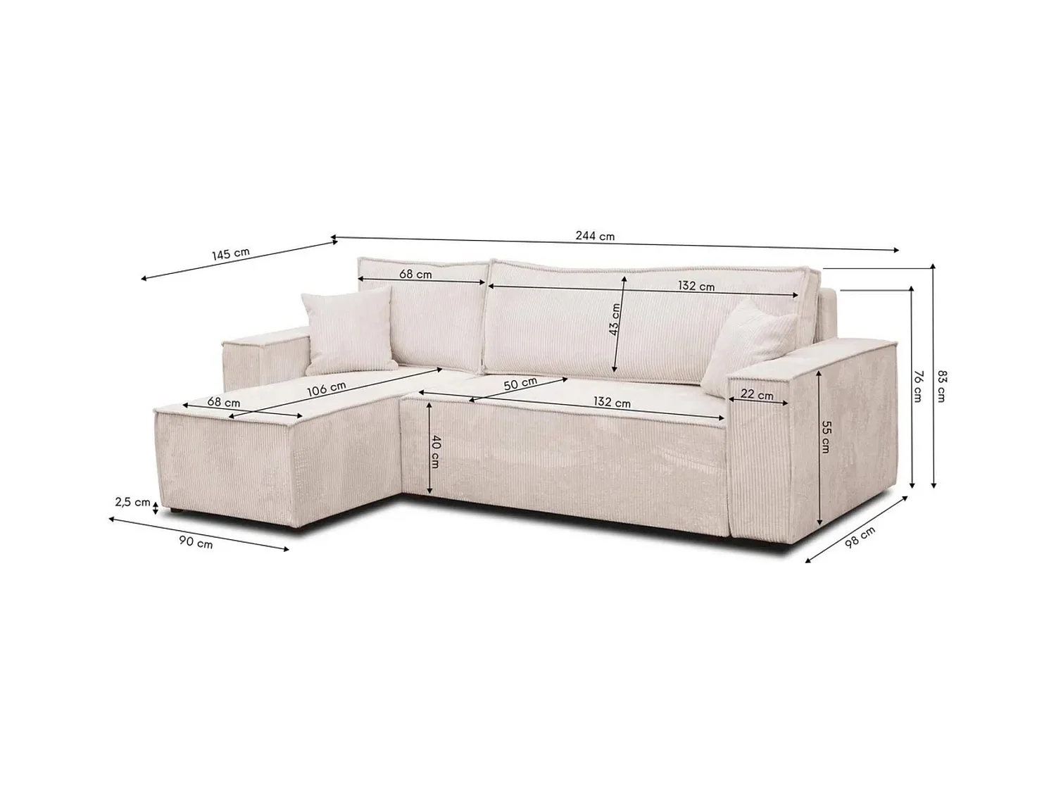 Canapé d'angle Hugo L avec fonction couchage et coffre de rangement, couleur : beige, tissu cordé, pouf universel