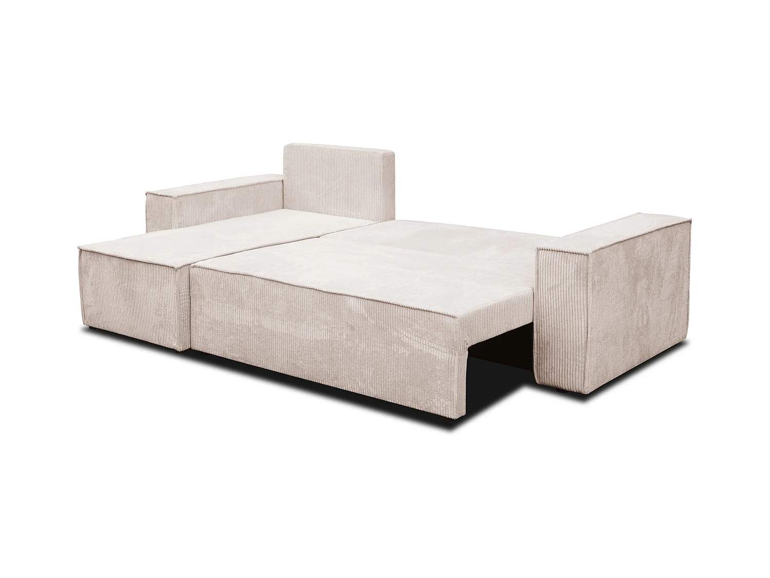 Canapé d'angle Hugo L avec fonction couchage et coffre de rangement, couleur : beige, tissu cordé, pouf universel