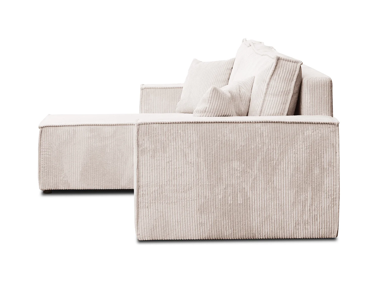 Canapé d'angle Hugo L avec fonction couchage et coffre de rangement, couleur : beige, tissu cordé, pouf universel