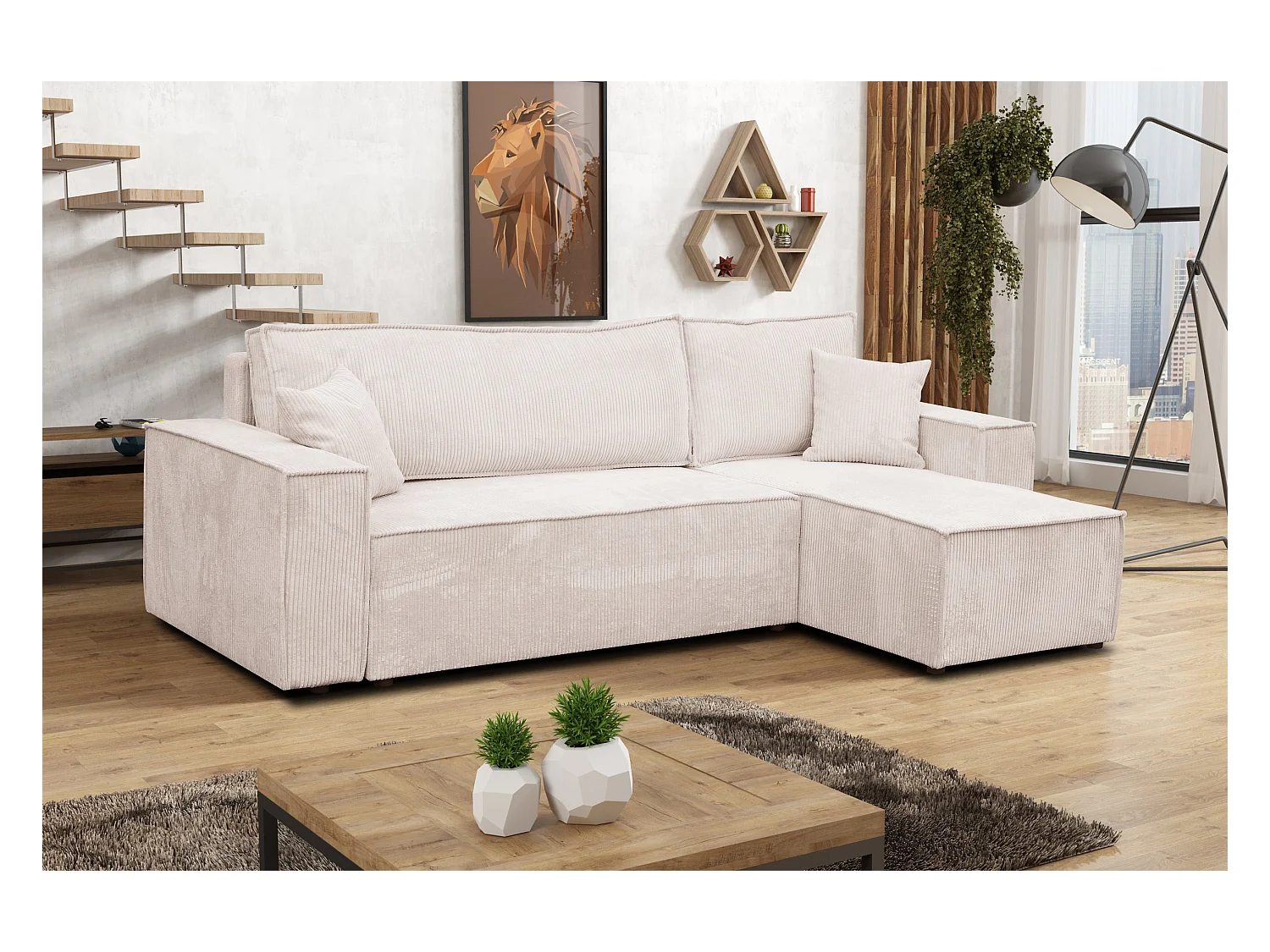 Hoekbank Hugo L, hoekbank in L-vorm met slaapfunctie en bedbak, kleur: beige, corduroy, universele ottomane