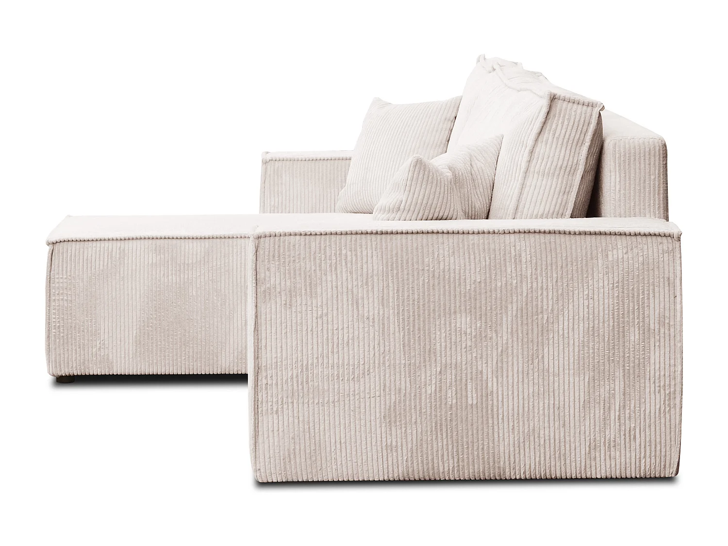 Canapé d'angle Hugo L avec fonction couchage et coffre de rangement, couleur : beige, tissu cordé, pouf universel