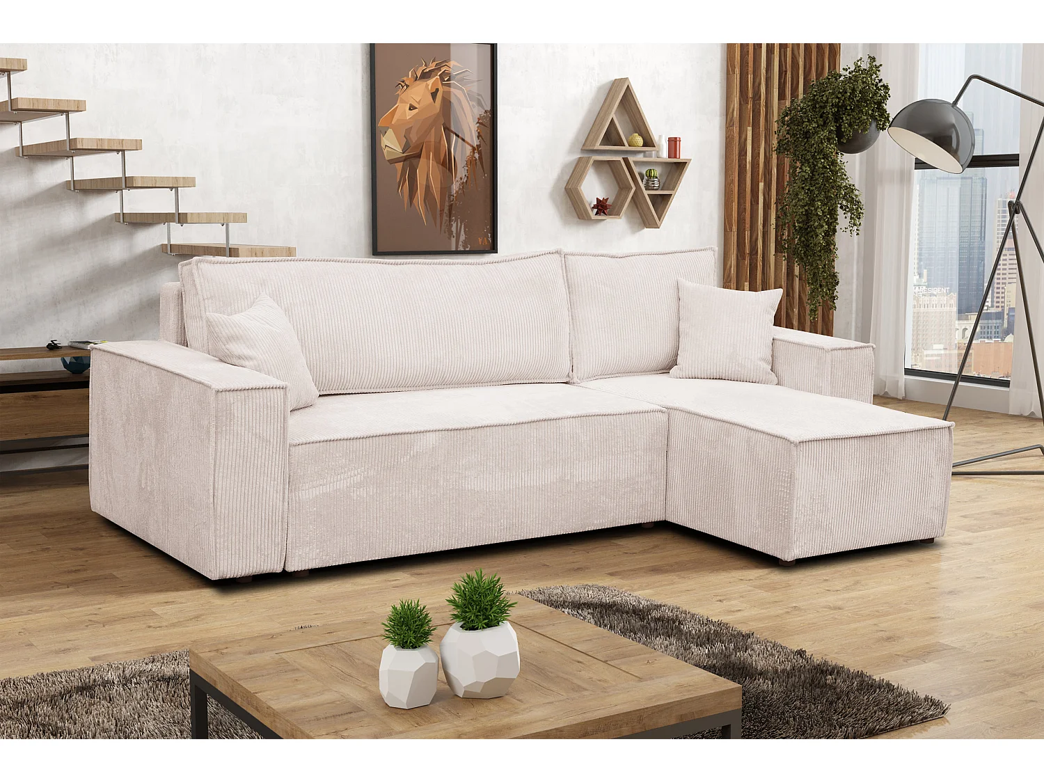 Hoekbank Hugo L, hoekbank in L-vorm met slaapfunctie en bedbak, kleur: beige, corduroy, universele ottomane