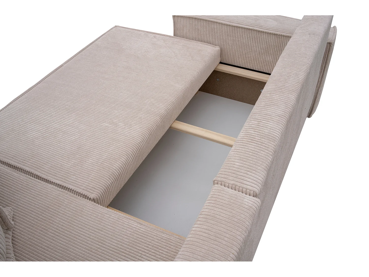 Hoekbank Hugo L, hoekbank in L-vorm met slaapfunctie en bedbak, kleur: beige, corduroy, universele ottomane