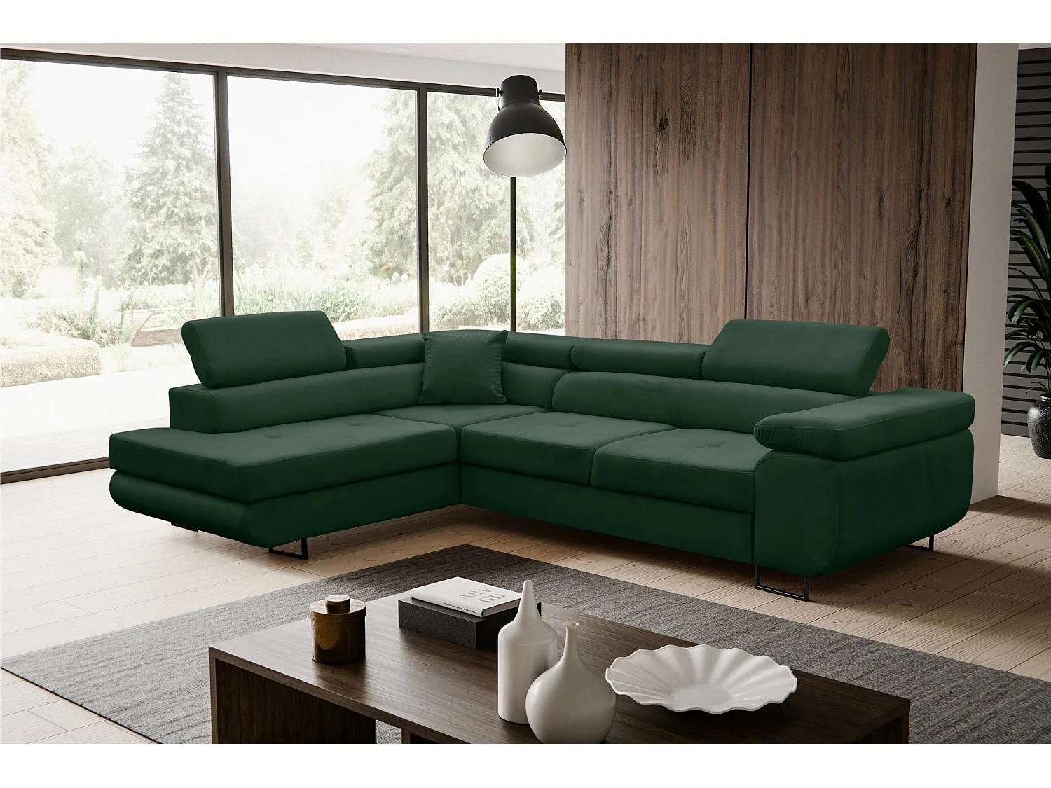 Canapé d'angle Jerry avec fonction couchage et coffre de rangement, couleur : vert, tissu velours, pouf à gauche