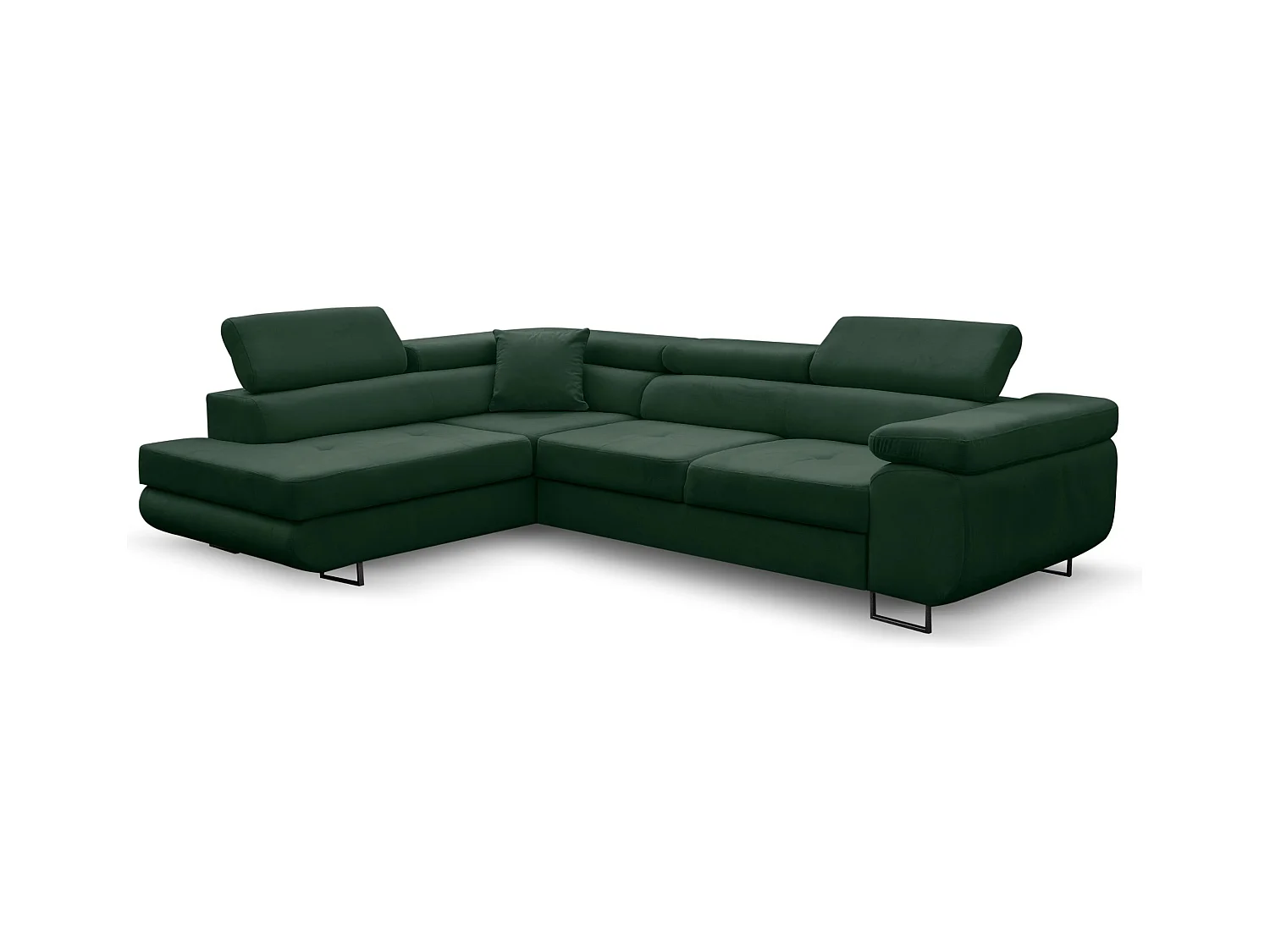 Canapé d'angle Jerry avec fonction couchage et coffre de rangement, couleur : vert, tissu velours, pouf à gauche