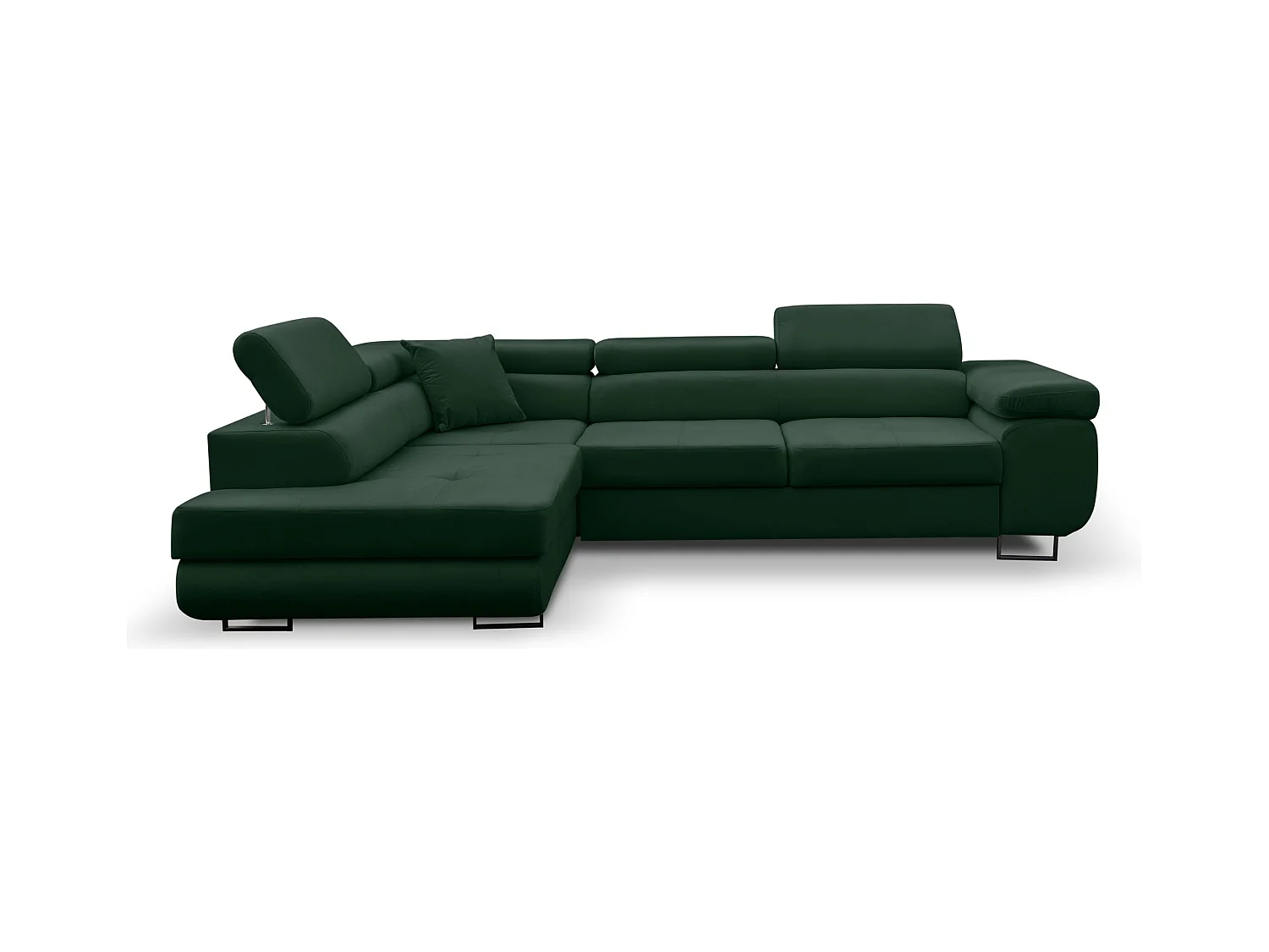 Canapé d'angle Jerry avec fonction couchage et coffre de rangement, couleur : vert, tissu velours, pouf à gauche