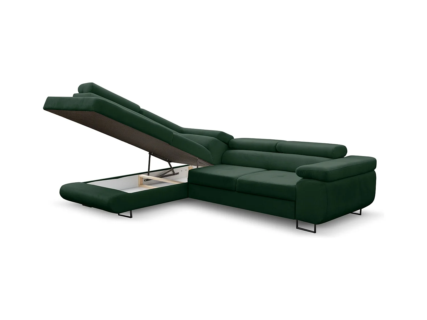 Canapé d'angle Jerry avec fonction couchage et coffre de rangement, couleur : vert, tissu velours, pouf à gauche