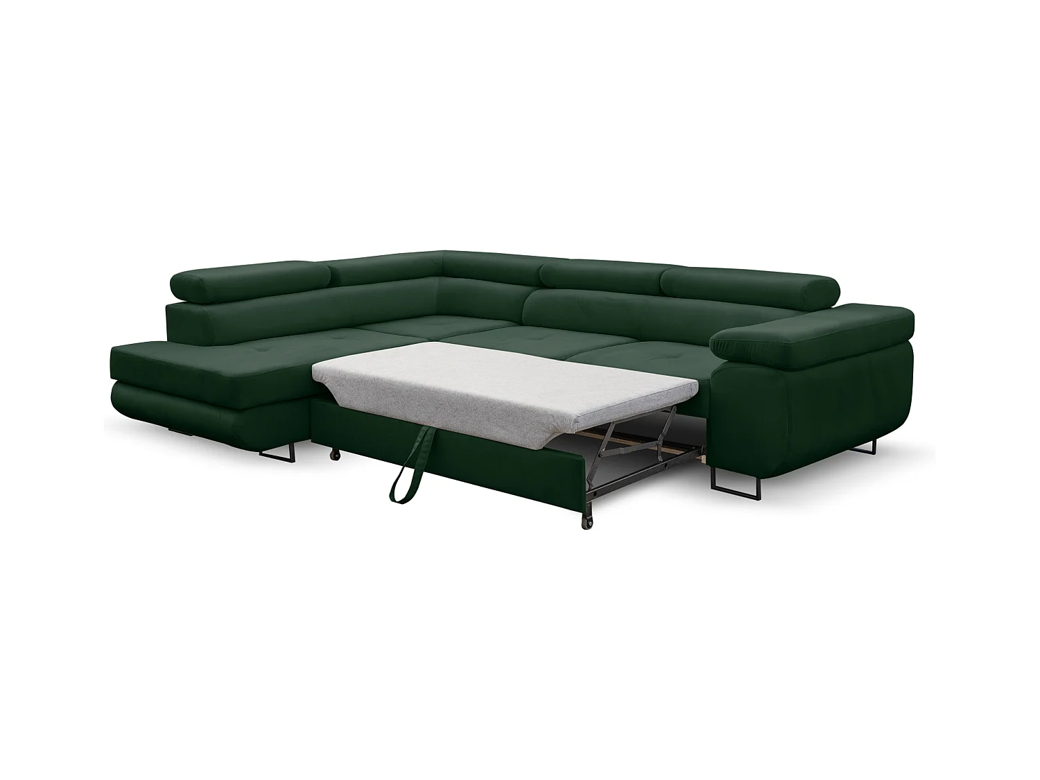 Canapé d'angle Jerry avec fonction couchage et coffre de rangement, couleur : vert, tissu velours, pouf à gauche