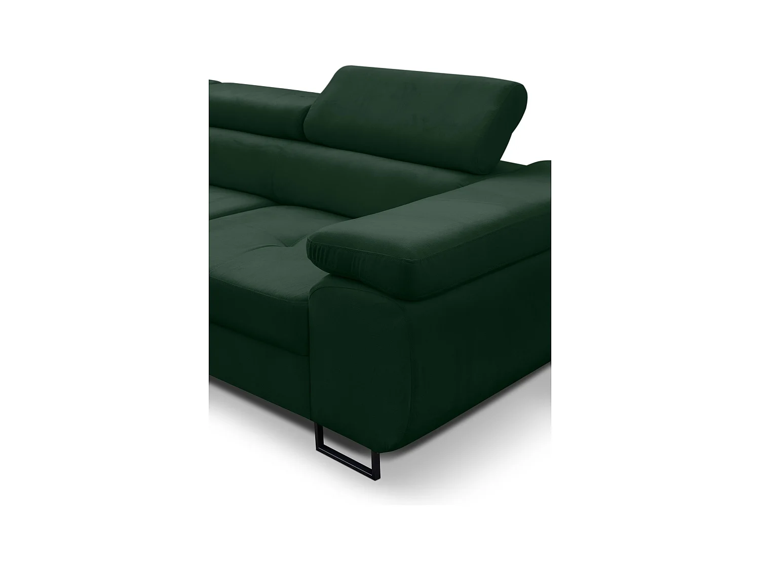 Canapé d'angle Jerry avec fonction couchage et coffre de rangement, couleur : vert, tissu velours, pouf à gauche