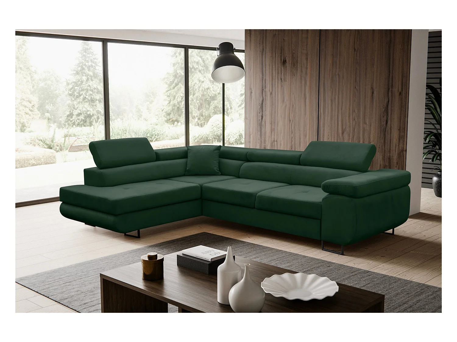 Canapé d'angle Jerry avec fonction couchage et coffre de rangement, couleur : vert, tissu velours, pouf à gauche