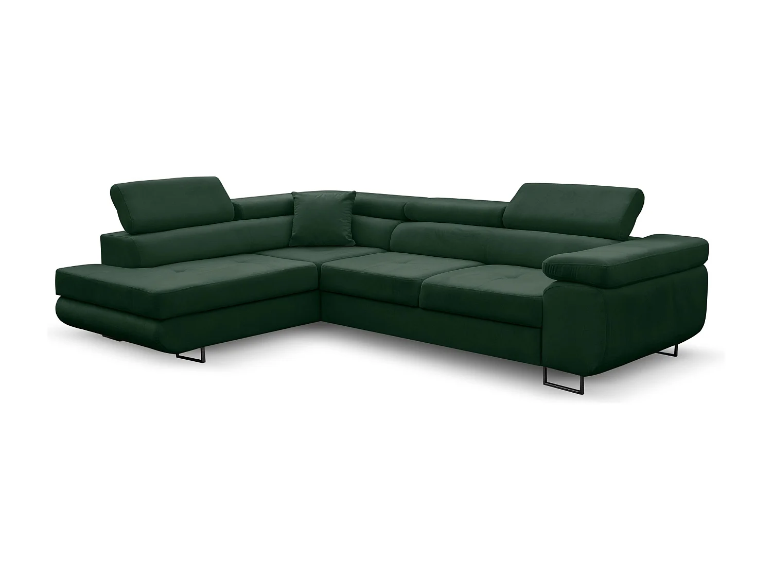 Canapé d'angle Jerry avec fonction couchage et coffre de rangement, couleur : vert, tissu velours, pouf à gauche