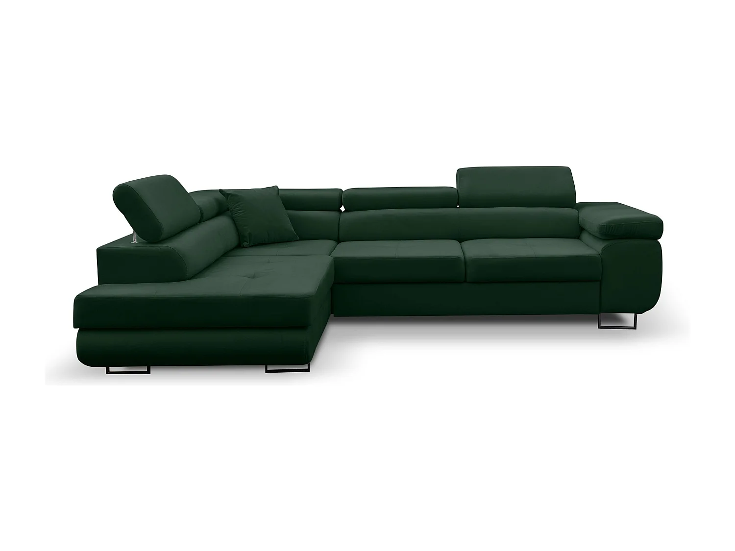 Canapé d'angle Jerry avec fonction couchage et coffre de rangement, couleur : vert, tissu velours, pouf à gauche