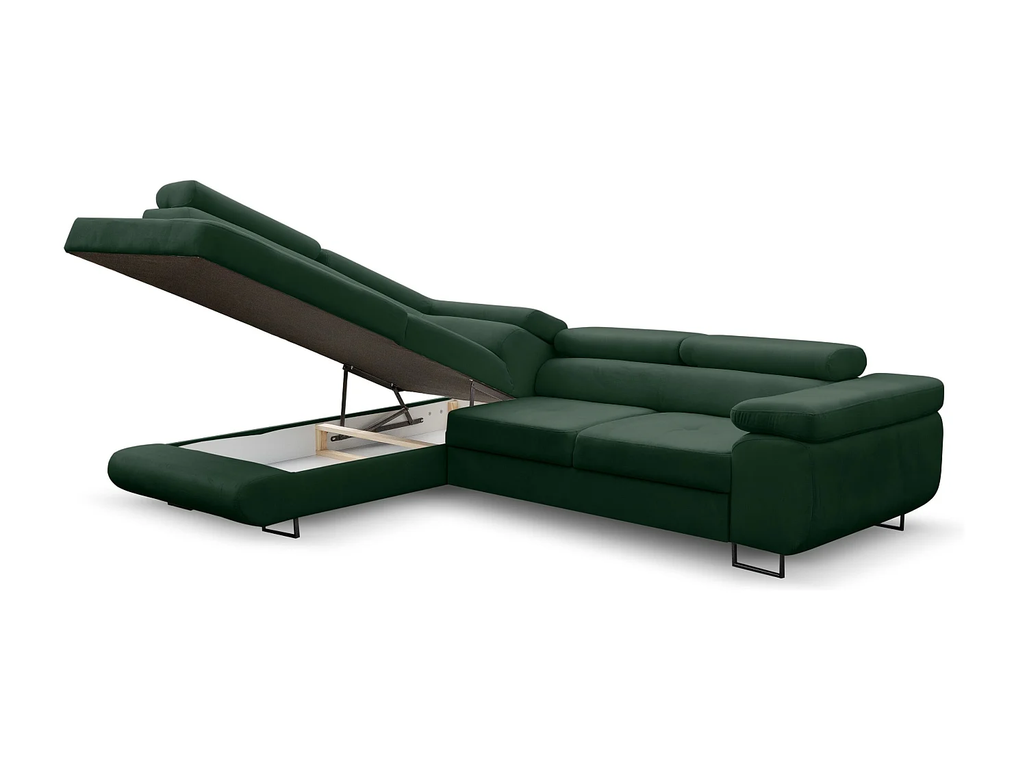 Canapé d'angle Jerry avec fonction couchage et coffre de rangement, couleur : vert, tissu velours, pouf à gauche