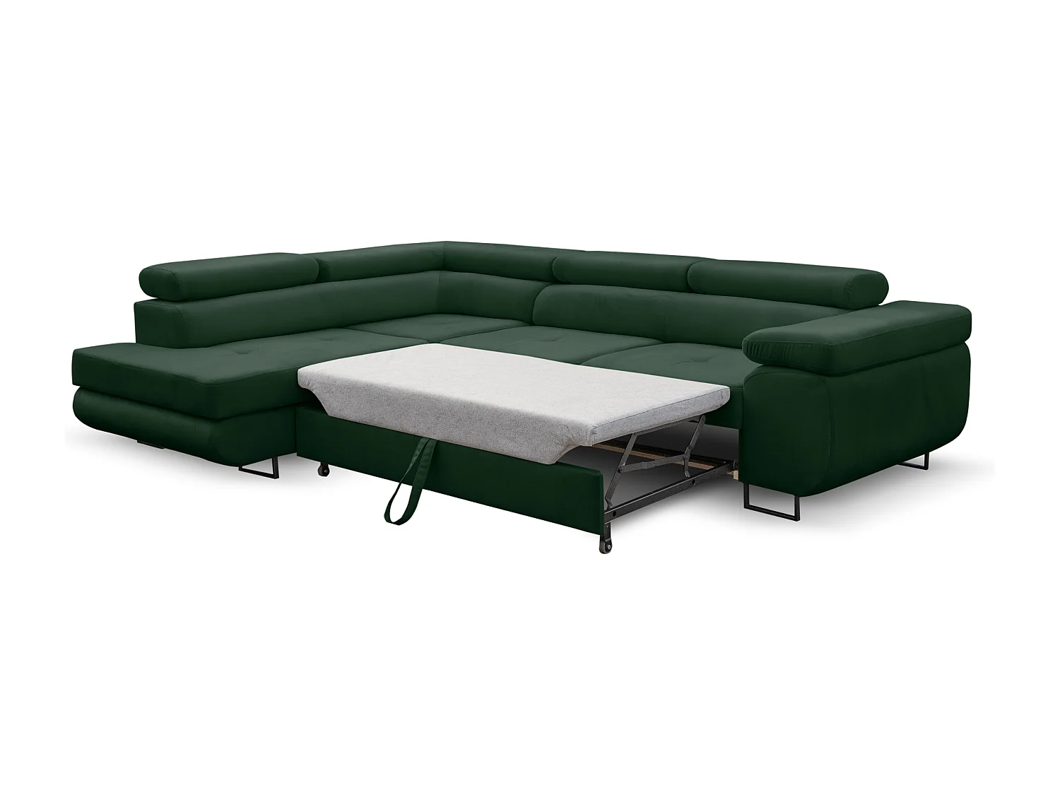 Canapé d'angle Jerry avec fonction couchage et coffre de rangement, couleur : vert, tissu velours, pouf à gauche