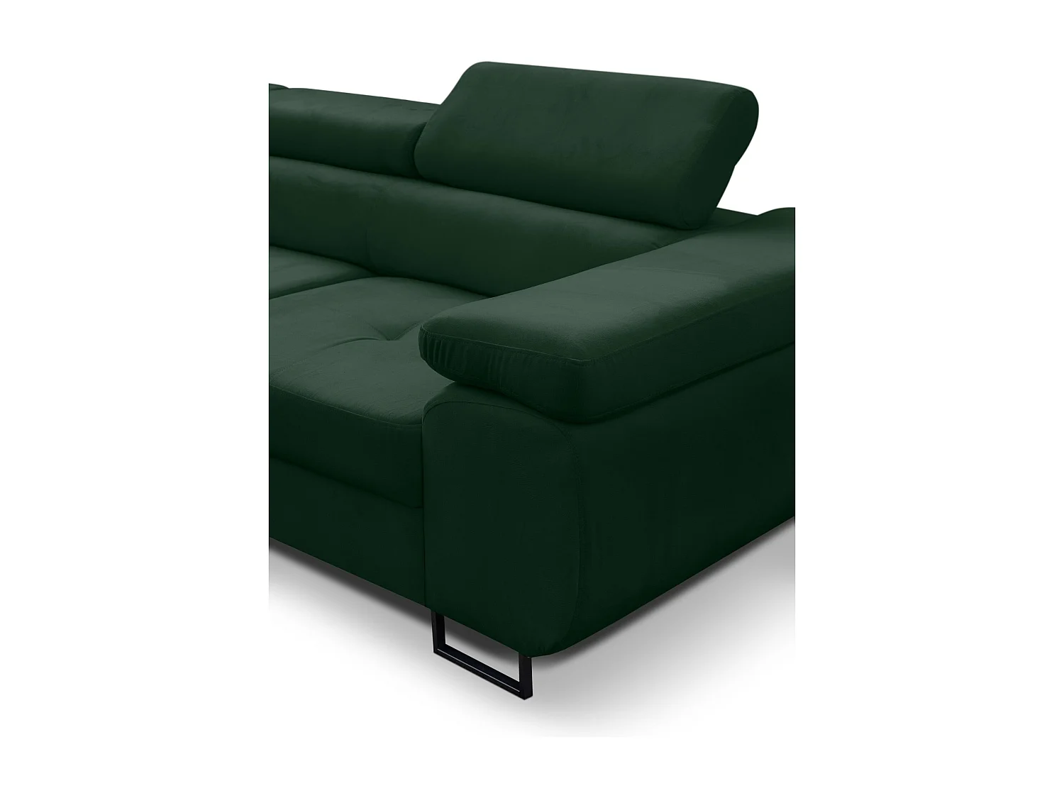 Canapé d'angle Jerry avec fonction couchage et coffre de rangement, couleur : vert, tissu velours, pouf à gauche