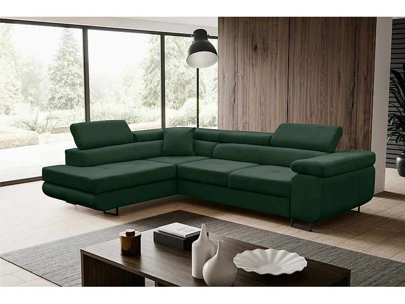 Canapé d'angle Jerry avec fonction couchage et coffre de rangement, couleur : vert, tissu velours, pouf à gauche