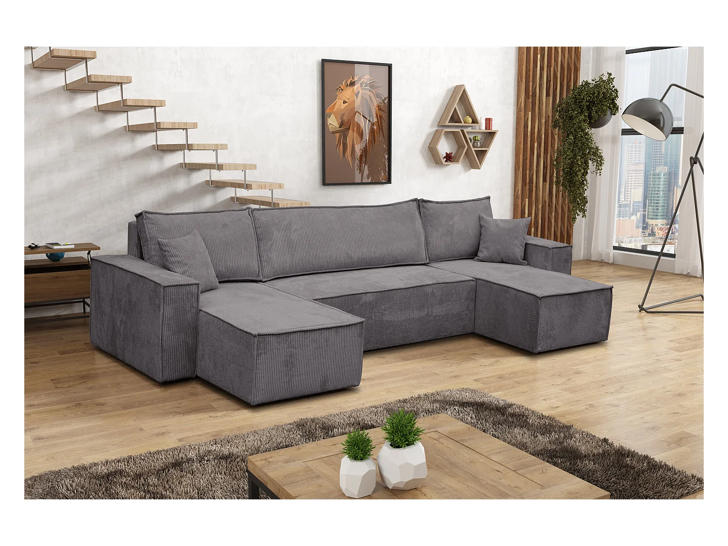 Ensemble de salon Hugo U, canapé en U avec fonction couchage et coffre de rangement, couleur : gris foncé, tissu cordé