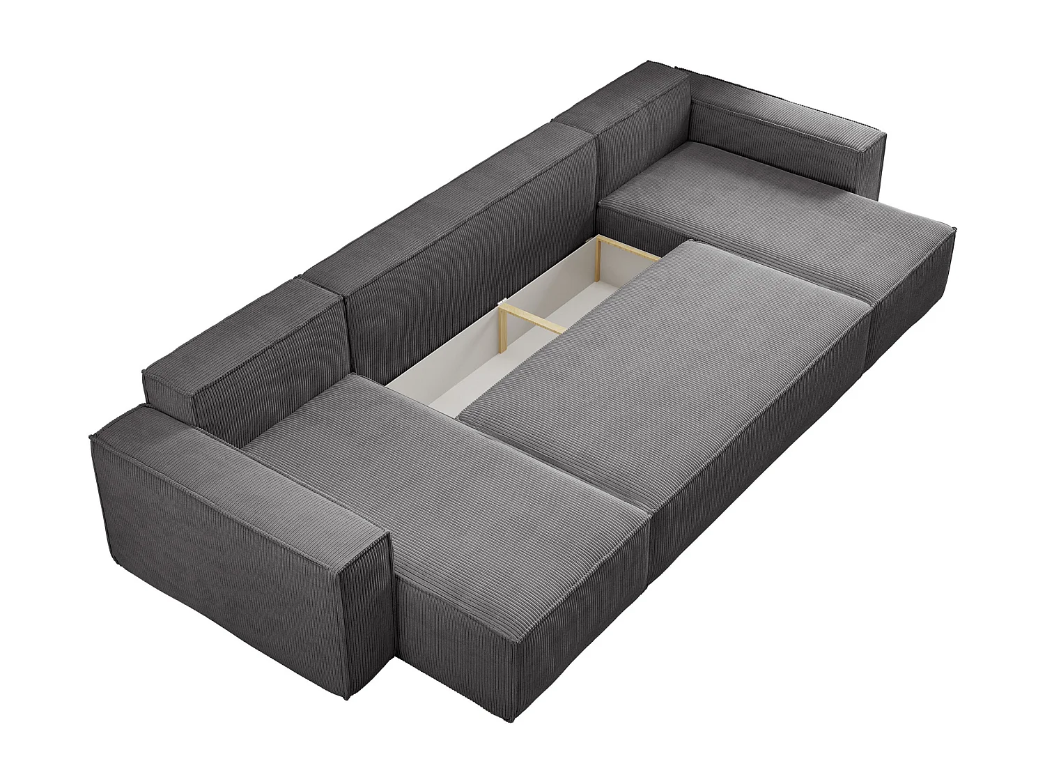 Woonlandschap Hugo U, bank in U-vorm met slaapfunctie en bedbak, kleur: donkergrijs, corduroy