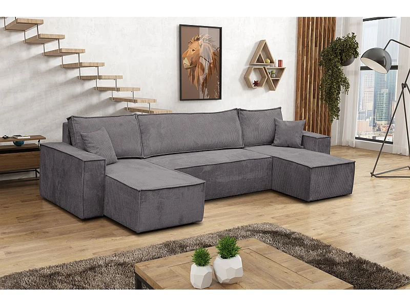 Ensemble de salon Hugo U, canapé en U avec fonction couchage et coffre de rangement, couleur : gris foncé, tissu cordé