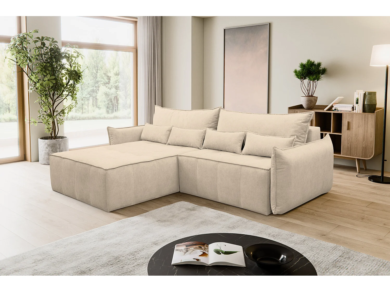 Canapé d'angle Empoli avec fonction couchage et coffre de rangement, couleur : beige, tissu velours, pouf à gauche