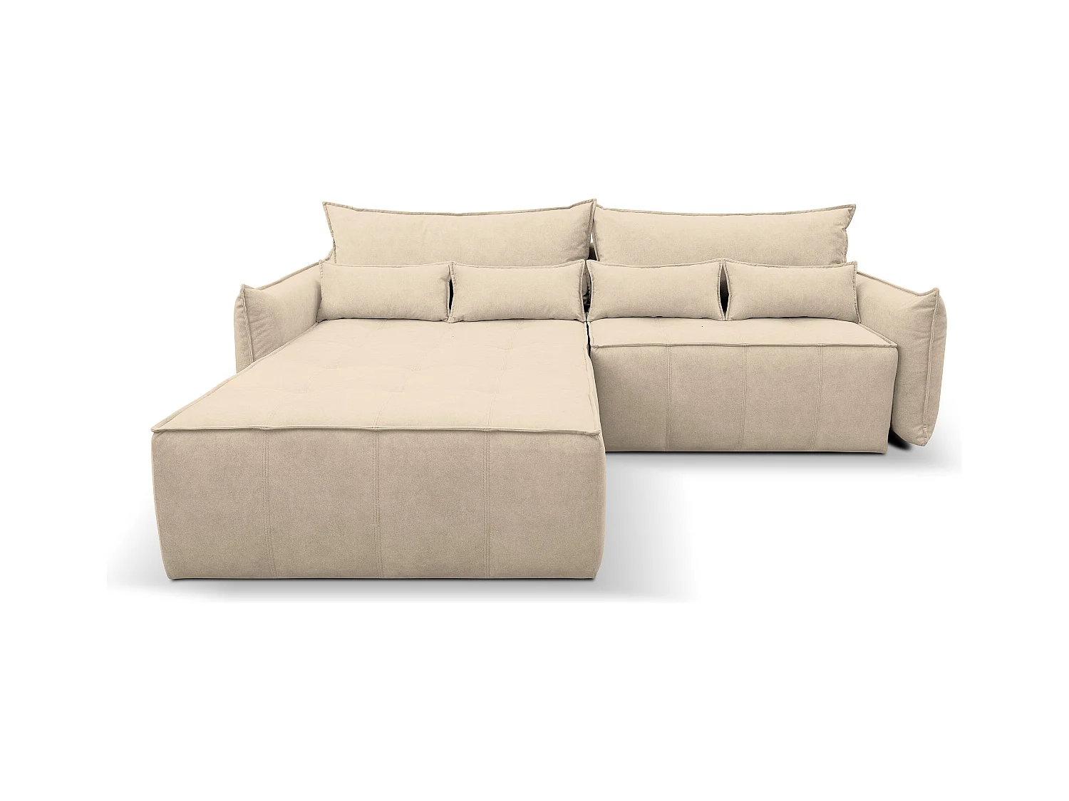 Canapé d'angle Empoli avec fonction couchage et coffre de rangement, couleur : beige, tissu velours, pouf à gauche