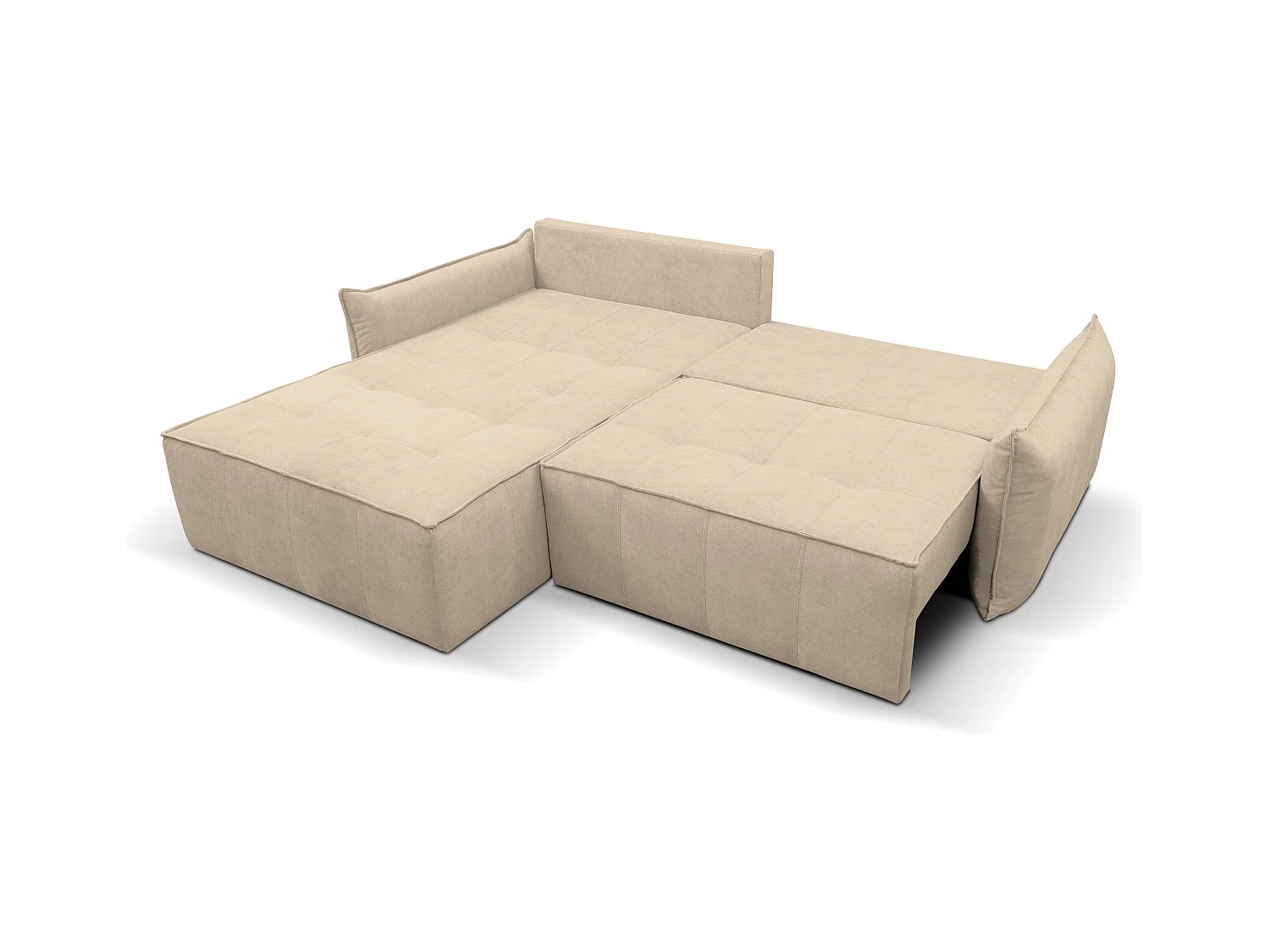 Canapé d'angle Empoli avec fonction couchage et coffre de rangement, couleur : beige, tissu velours, pouf à gauche