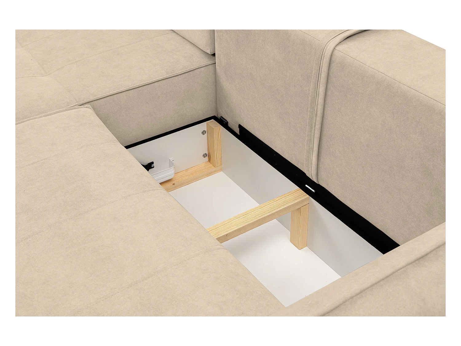 Canapé d'angle Empoli avec fonction couchage et coffre de rangement, couleur : beige, tissu velours, pouf à gauche