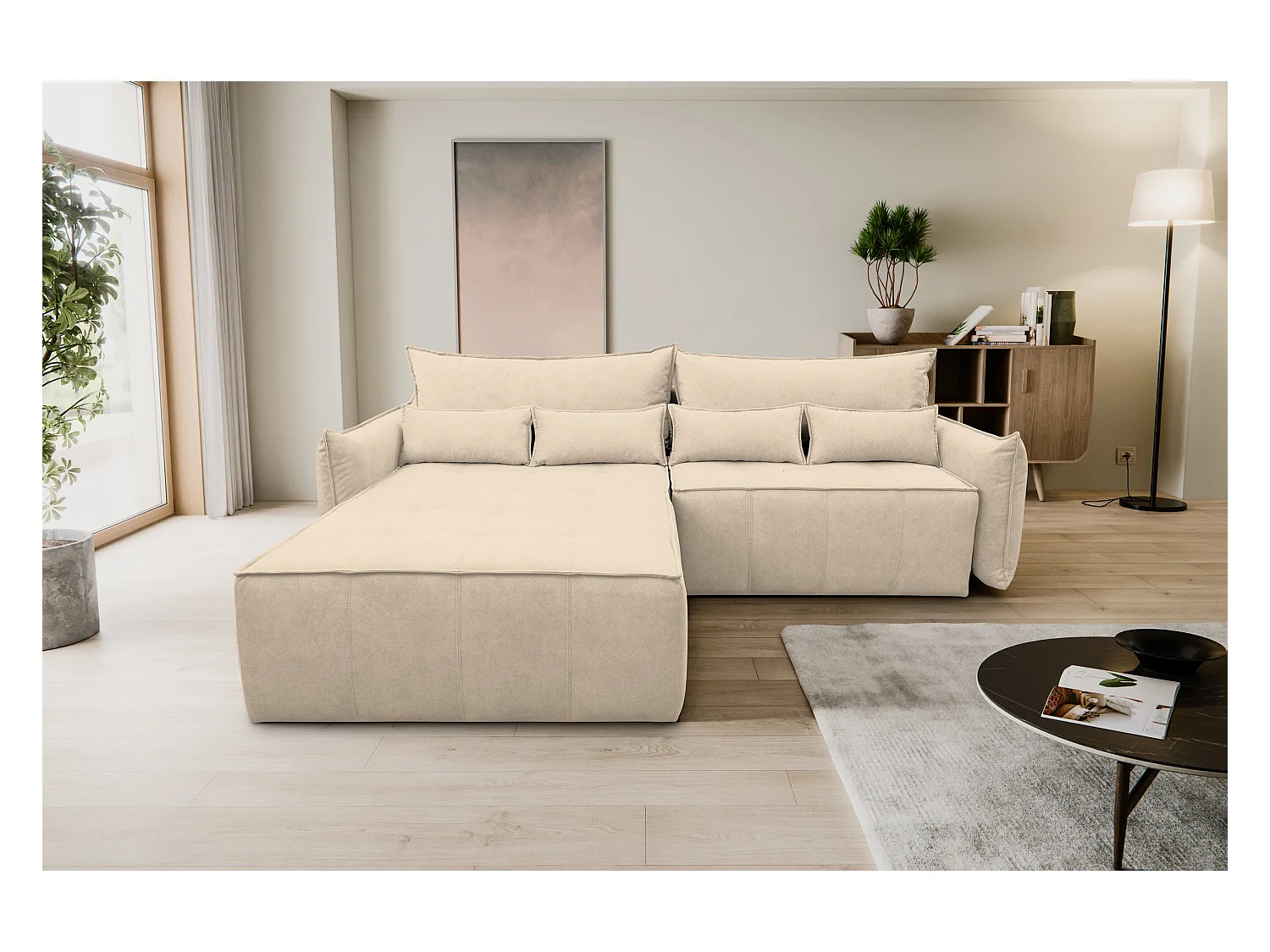 Canapé d'angle Empoli avec fonction couchage et coffre de rangement, couleur : beige, tissu velours, pouf à gauche