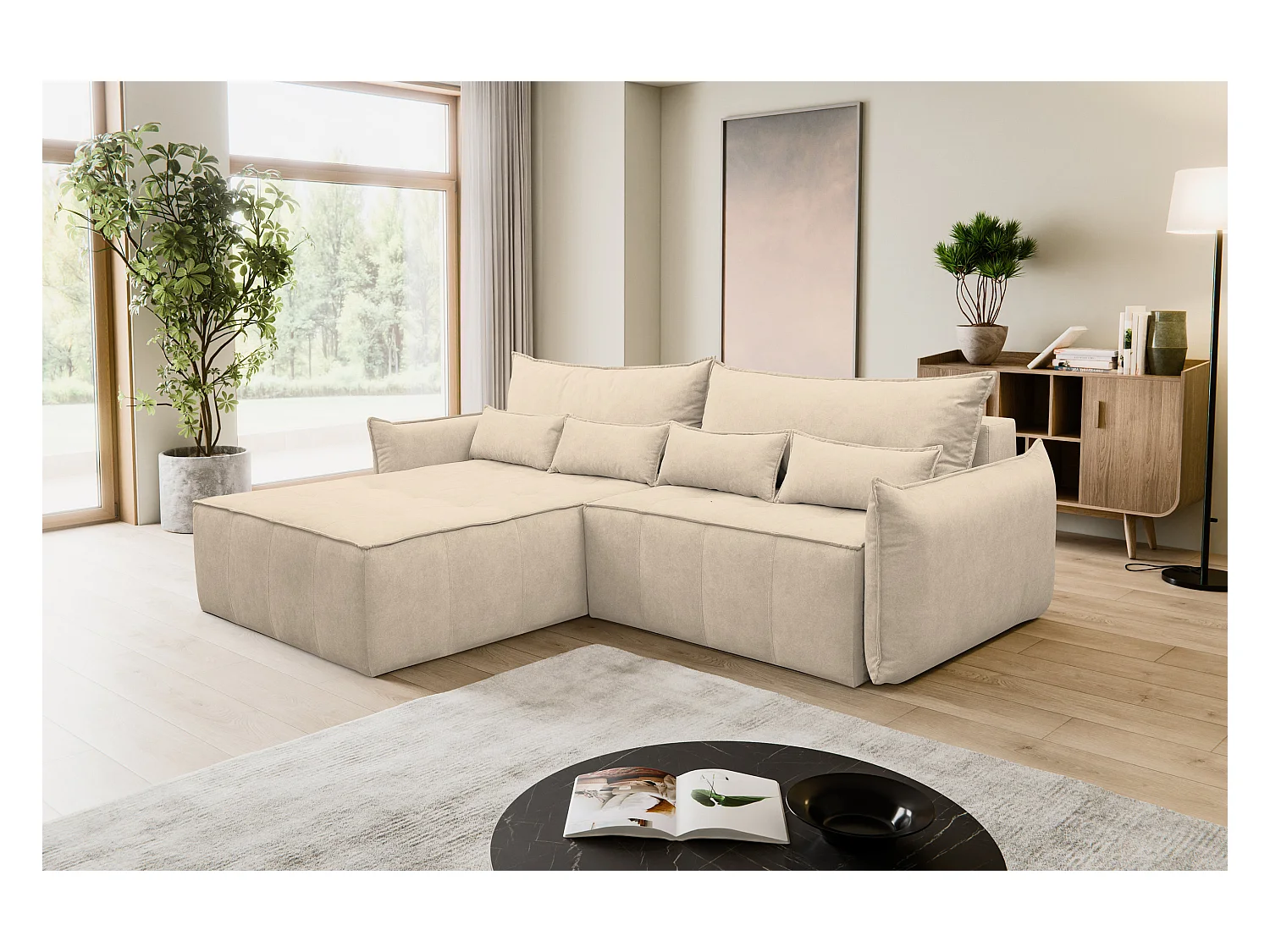 Canapé d'angle Empoli avec fonction couchage et coffre de rangement, couleur : beige, tissu velours, pouf à gauche