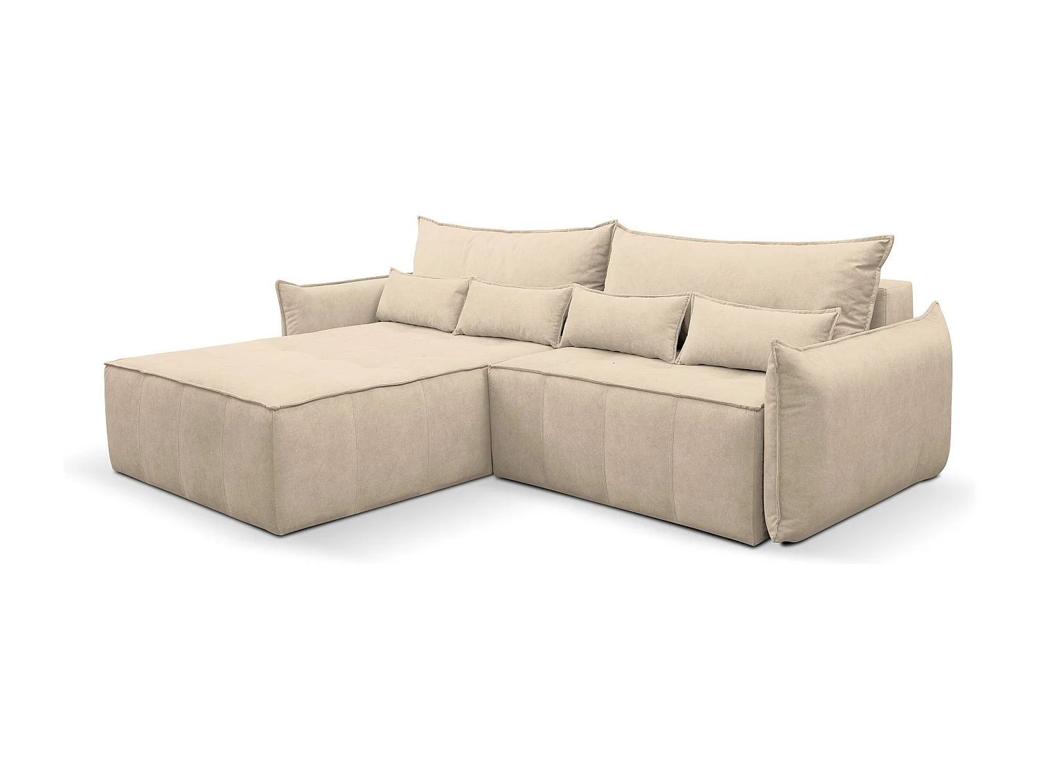 Canapé d'angle Empoli avec fonction couchage et coffre de rangement, couleur : beige, tissu velours, pouf à gauche