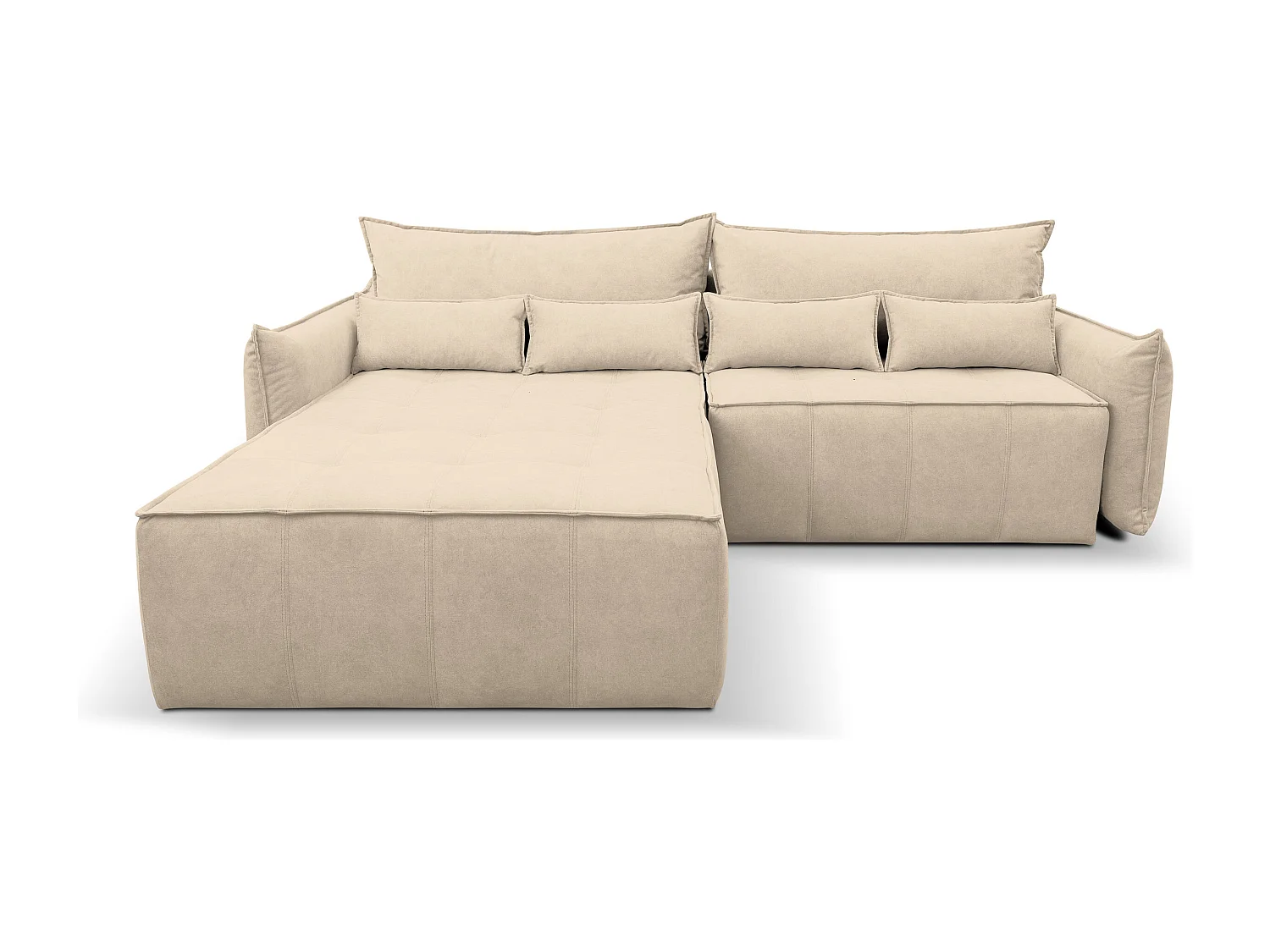 Canapé d'angle Empoli avec fonction couchage et coffre de rangement, couleur : beige, tissu velours, pouf à gauche