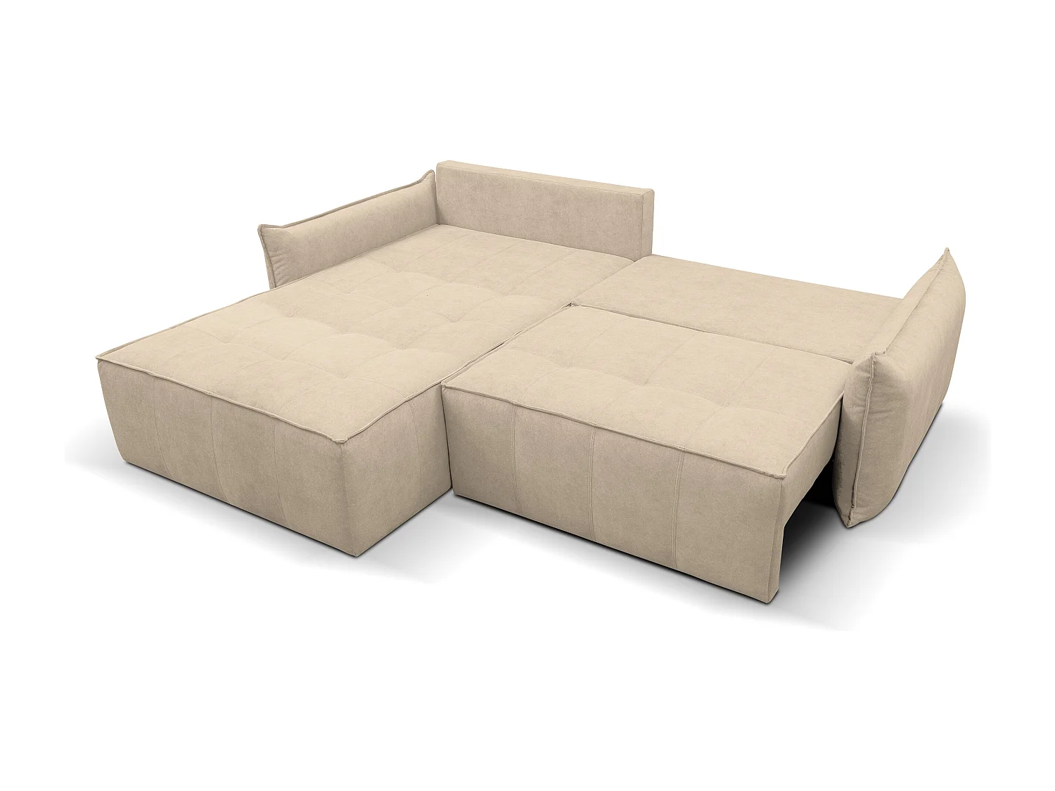 Canapé d'angle Empoli avec fonction couchage et coffre de rangement, couleur : beige, tissu velours, pouf à gauche