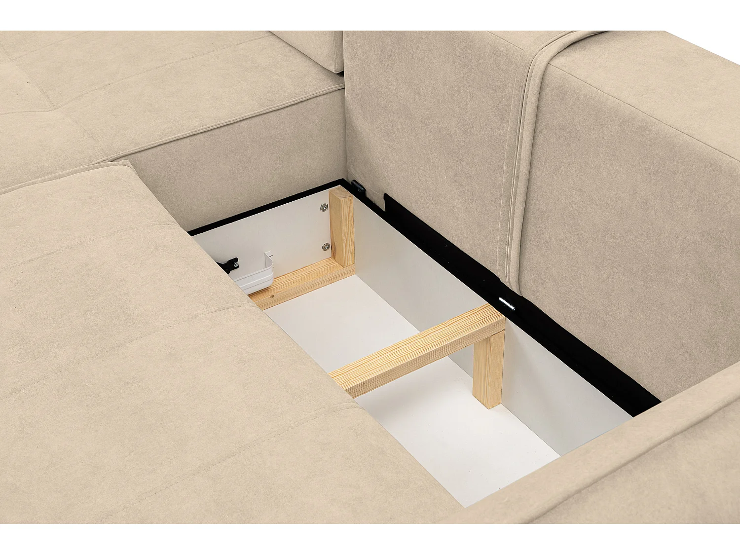 Canapé d'angle Empoli avec fonction couchage et coffre de rangement, couleur : beige, tissu velours, pouf à gauche