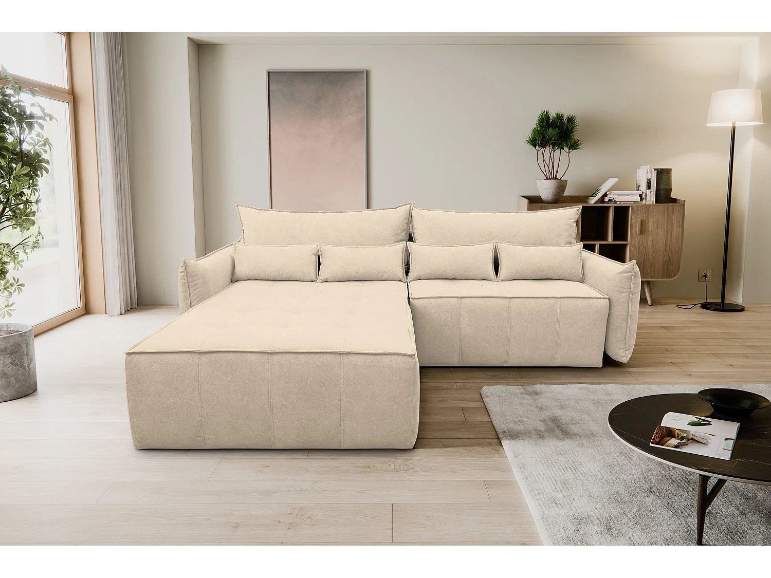 Canapé d'angle Empoli avec fonction couchage et coffre de rangement, couleur : beige, tissu velours, pouf à gauche