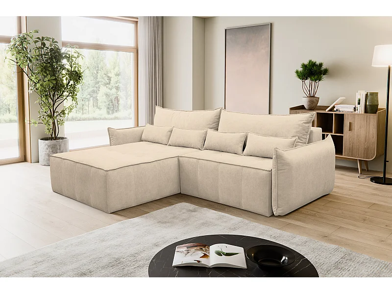 Canapé d'angle Empoli avec fonction couchage et coffre de rangement, couleur : beige, tissu velours, pouf à gauche