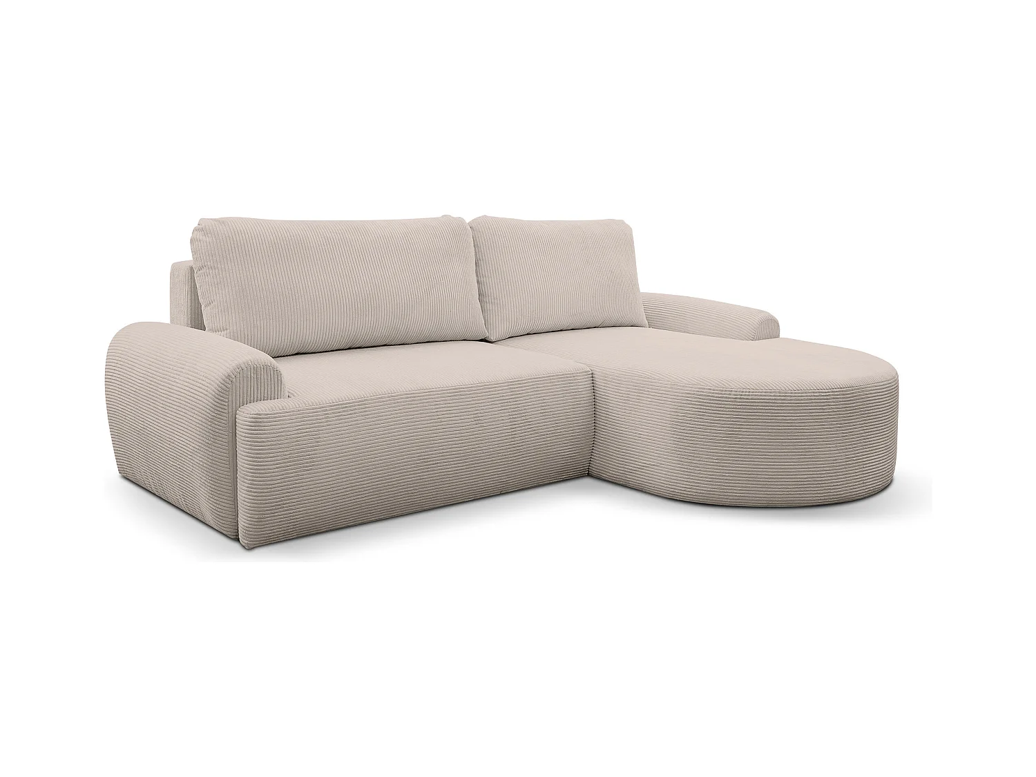 Canapé d'angle Dream Cord avec fonction couchage et coffre de rangement, couleur : beige, tissu cordé, pouf à droite