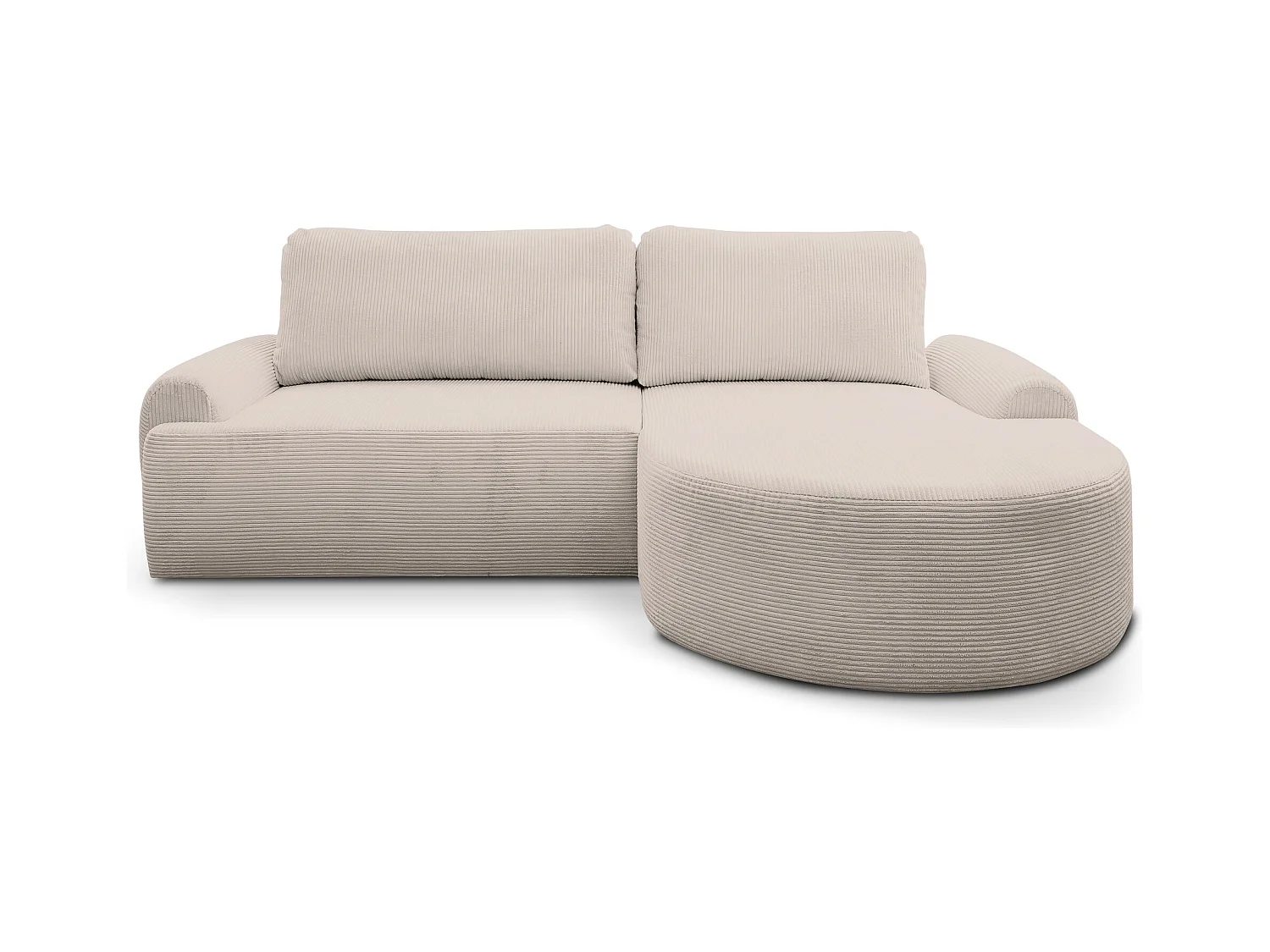 Canapé d'angle Dream Cord avec fonction couchage et coffre de rangement, couleur : beige, tissu cordé, pouf à droite