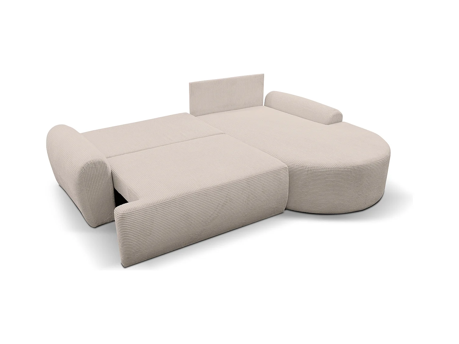 Canapé d'angle Dream Cord avec fonction couchage et coffre de rangement, couleur : beige, tissu cordé, pouf à droite