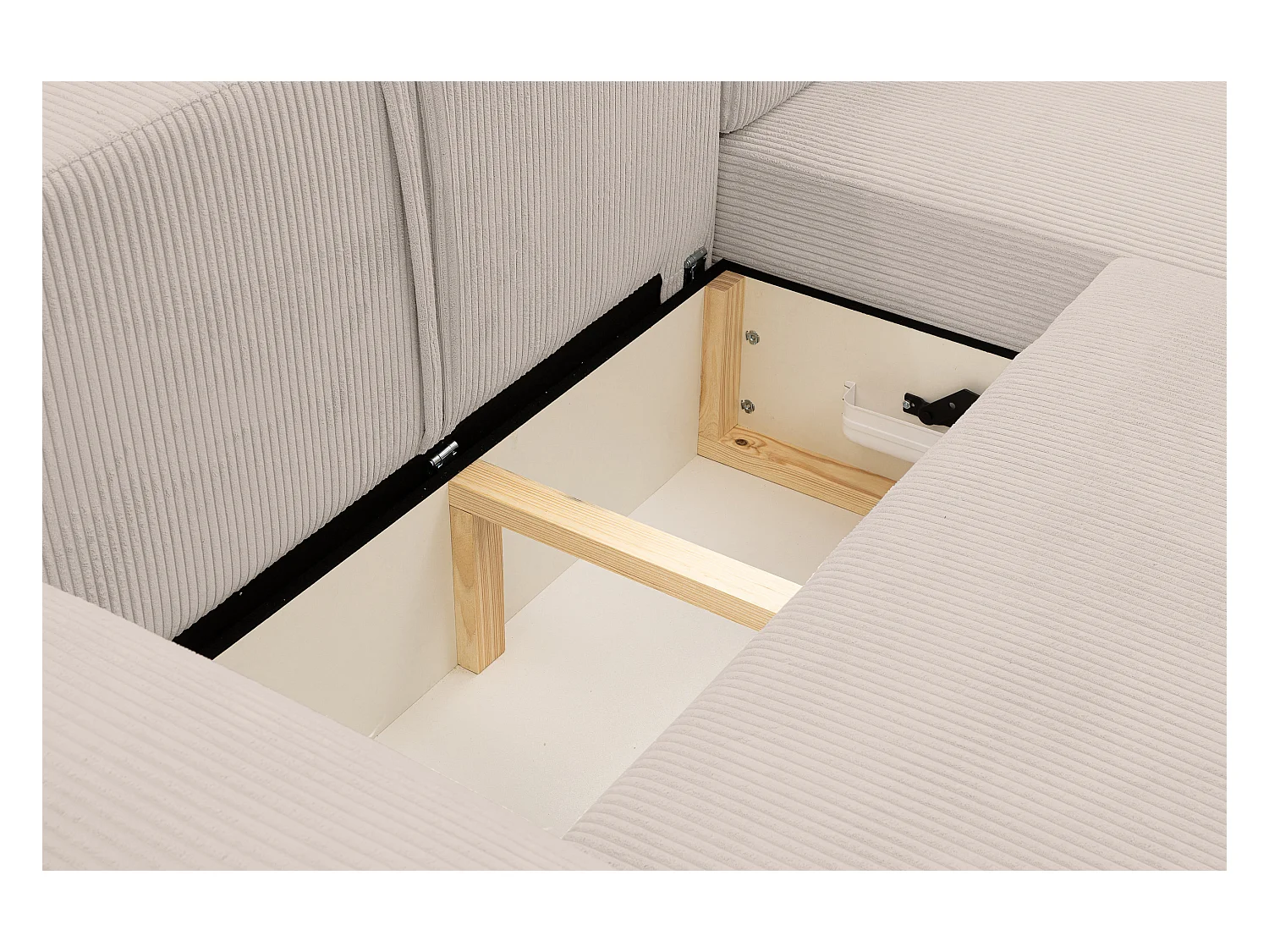 Canapé d'angle Dream Cord avec fonction couchage et coffre de rangement, couleur : beige, tissu cordé, pouf à droite