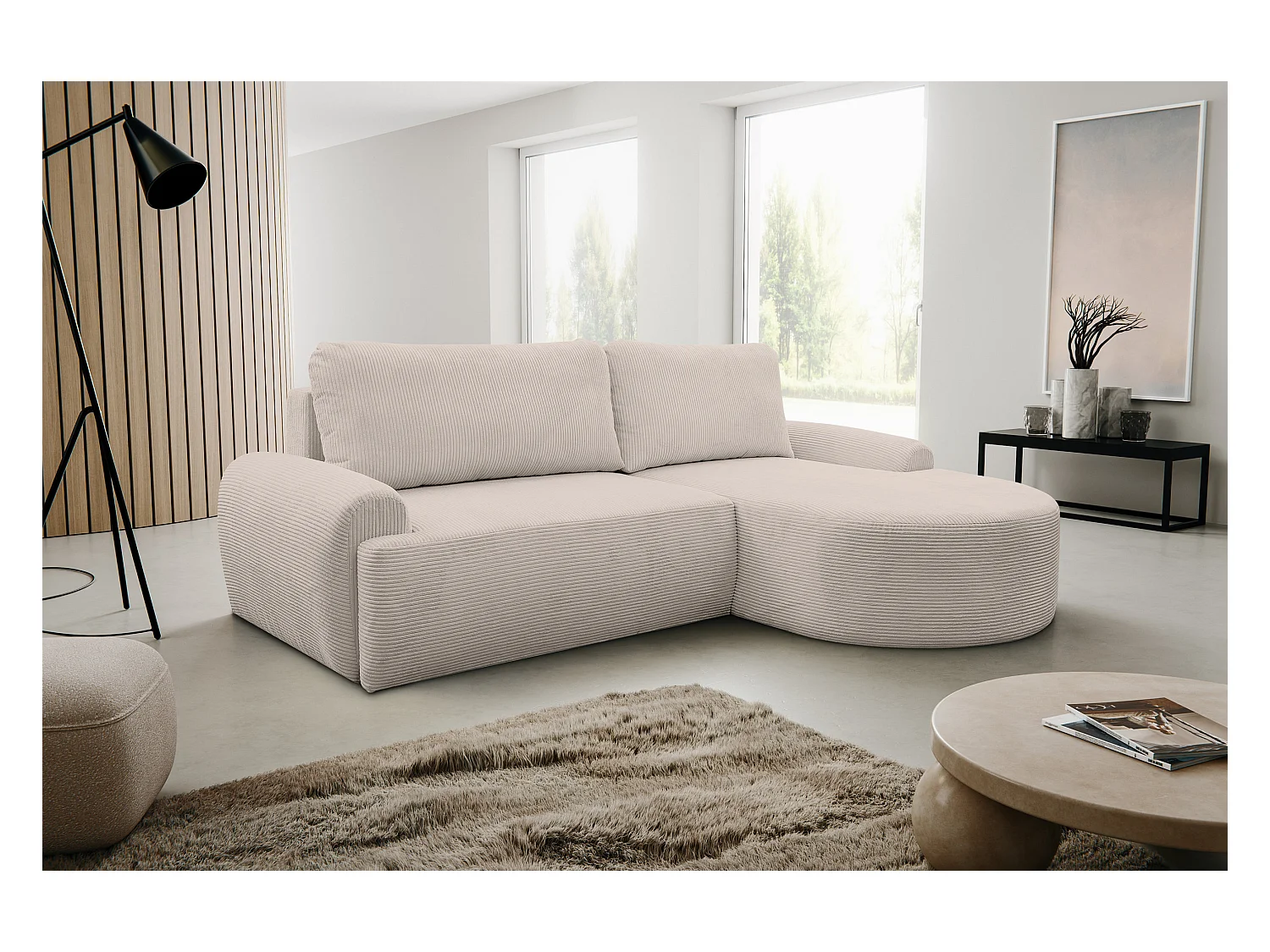 Hoekbank Dream Cord, hoekbank in L-vorm met slaapfunctie en bedbak, kleur: beige, corduroy, ottomane rechts