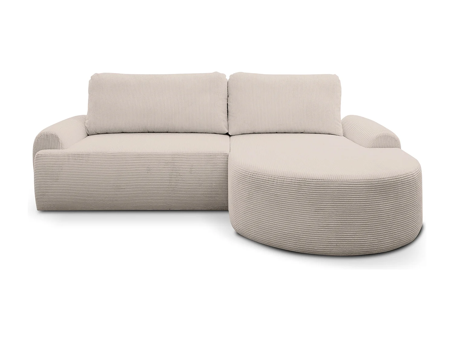 Canapé d'angle Dream Cord avec fonction couchage et coffre de rangement, couleur : beige, tissu cordé, pouf à droite