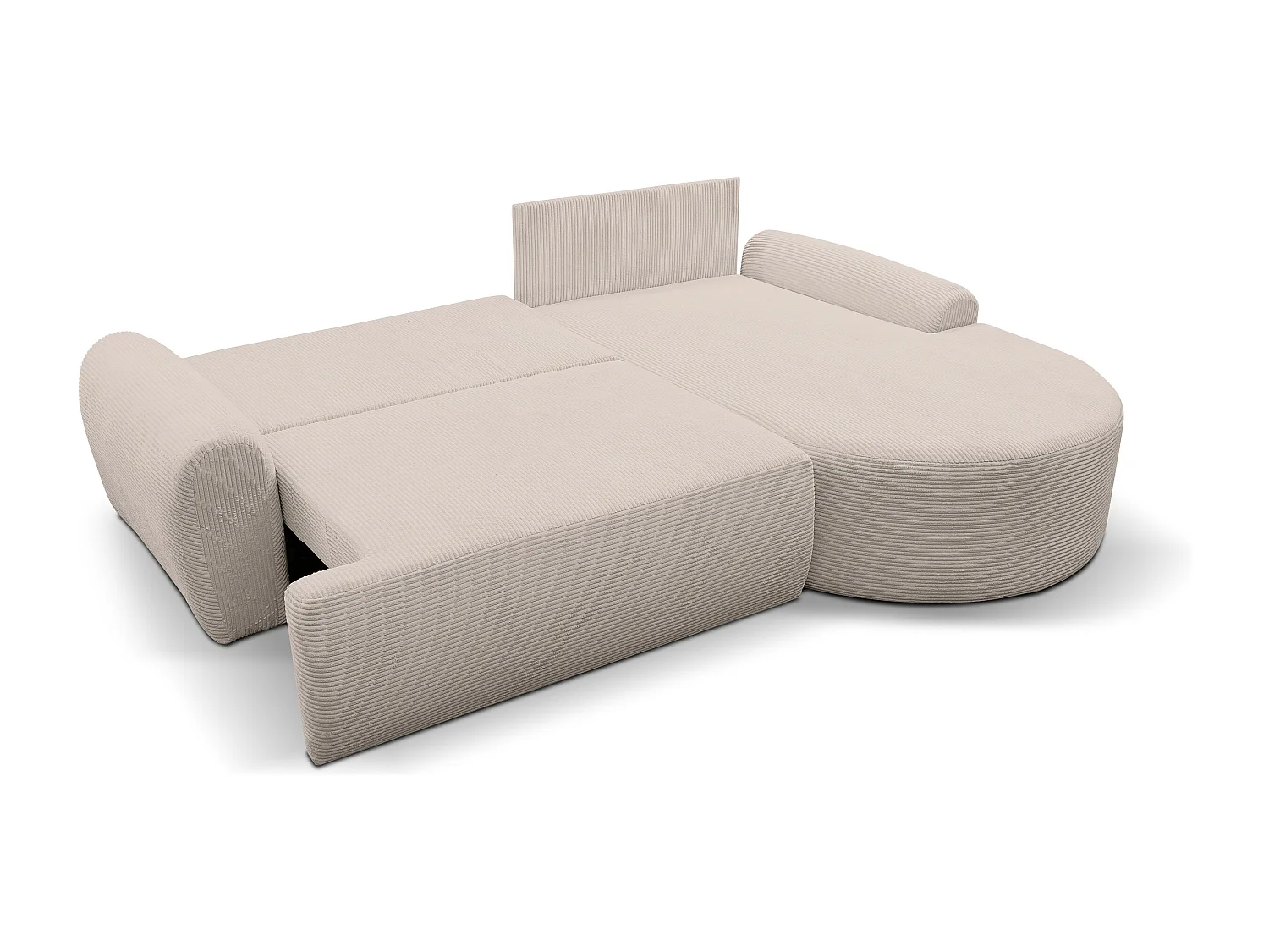 Canapé d'angle Dream Cord avec fonction couchage et coffre de rangement, couleur : beige, tissu cordé, pouf à droite