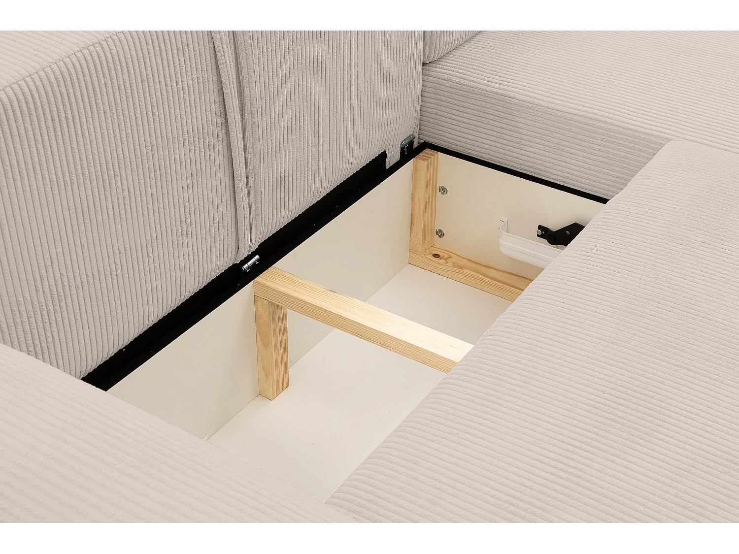 Canapé d'angle Dream Cord avec fonction couchage et coffre de rangement, couleur : beige, tissu cordé, pouf à droite