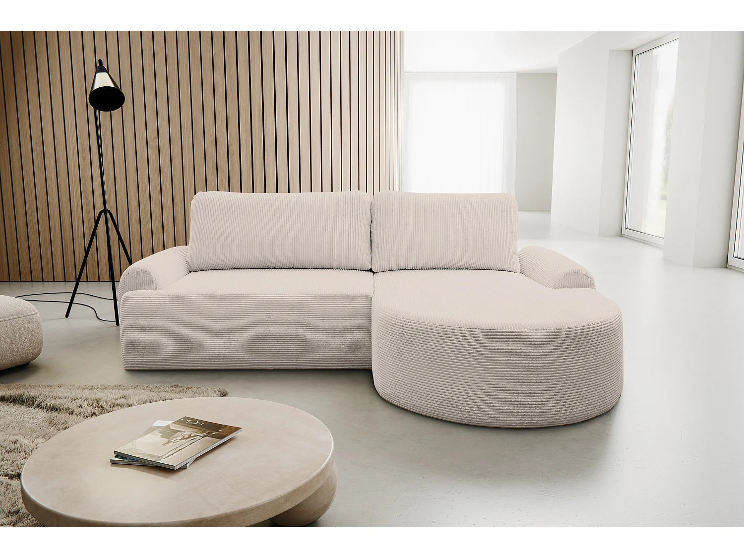 Canapé d'angle Dream Cord avec fonction couchage et coffre de rangement, couleur : beige, tissu cordé, pouf à droite