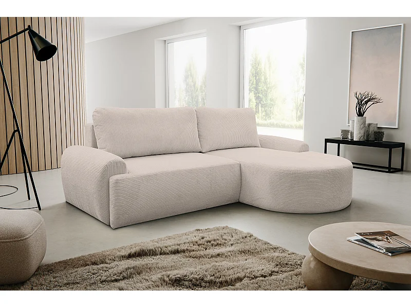 Canapé d'angle Dream Cord avec fonction couchage et coffre de rangement, couleur : beige, tissu cordé, pouf à droite