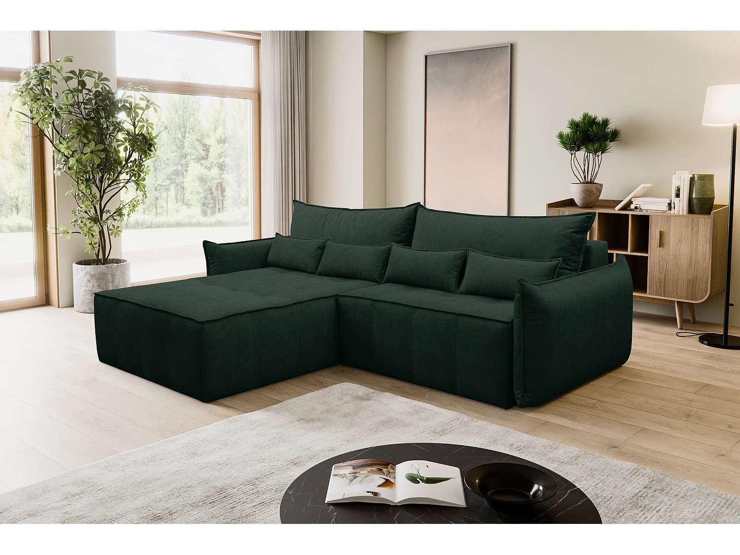 Canapé d'angle Empoli avec fonction couchage et coffre de rangement, couleur : vert, tissu velours, pouf à gauche