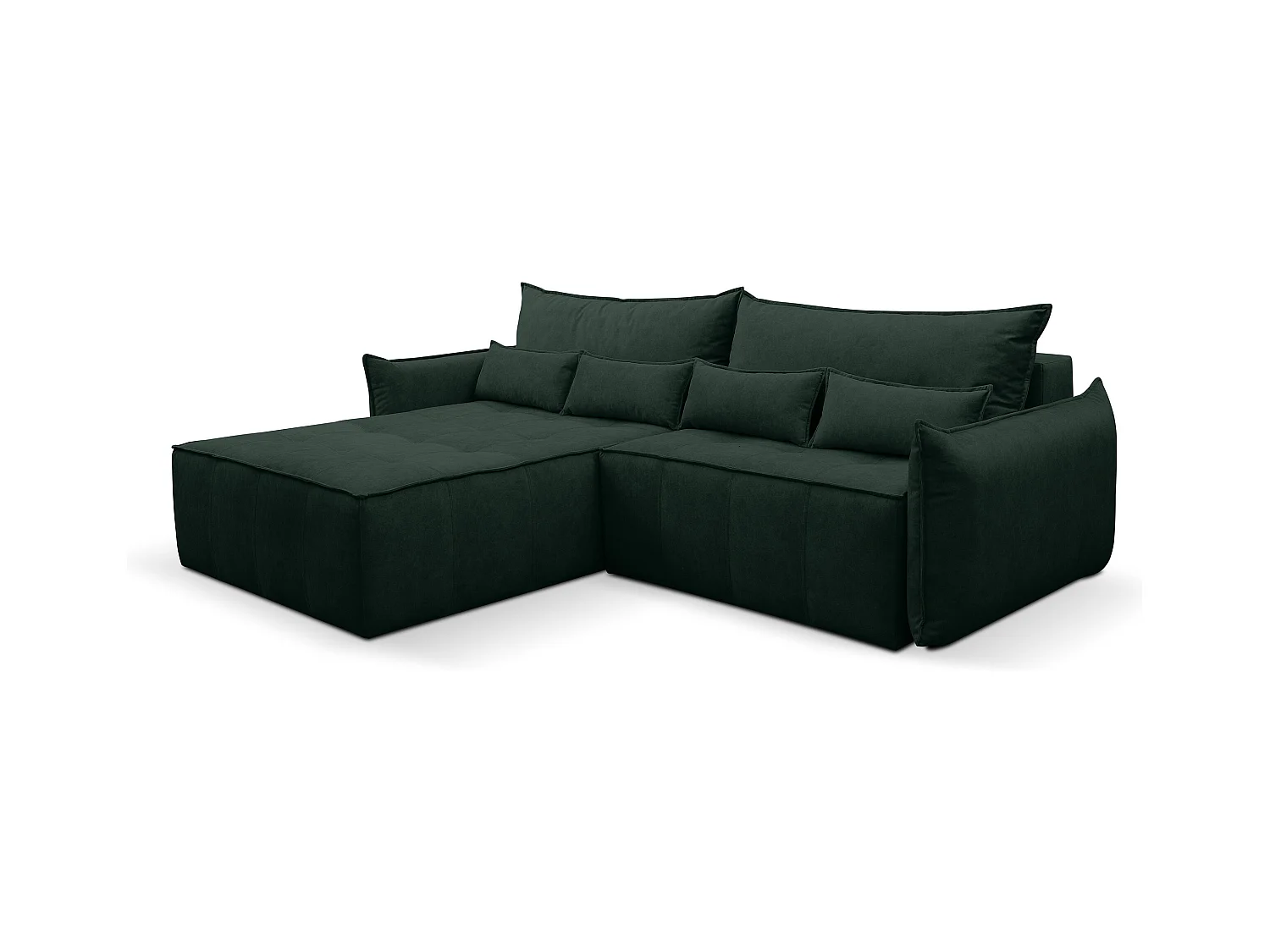 Canapé d'angle Empoli avec fonction couchage et coffre de rangement, couleur : vert, tissu velours, pouf à gauche